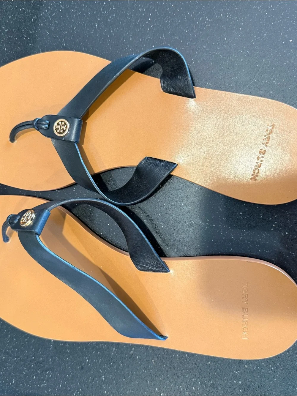 Tory Burch Black Leather Thong Sandals with Tan Footbed